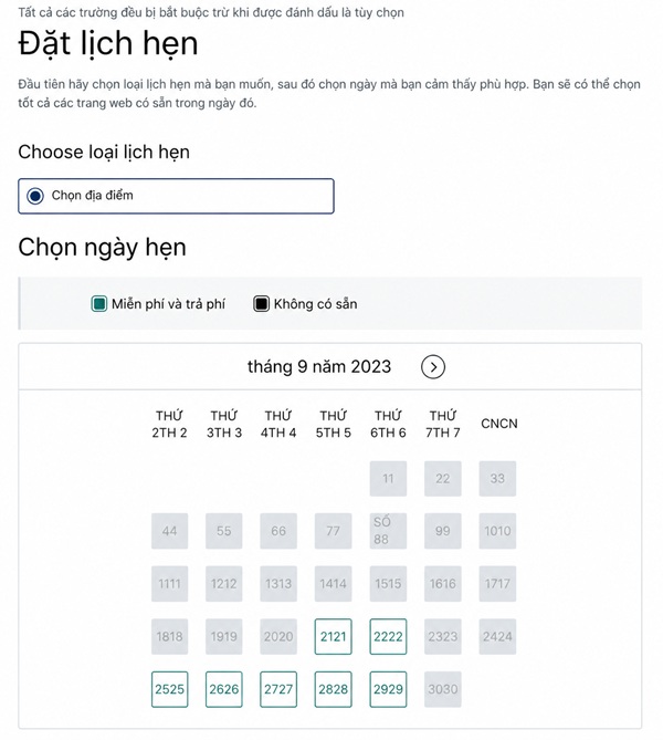 Giao diện đặt lịch hẹn nộp hồ sơ visa