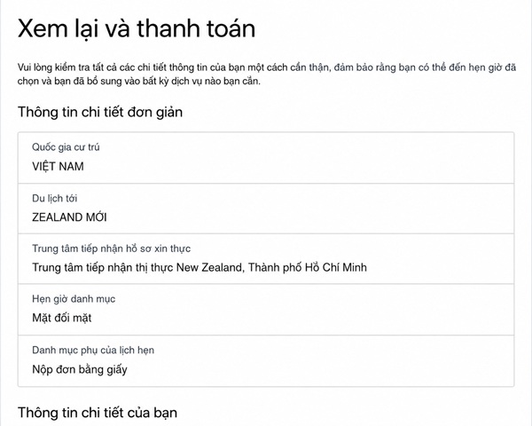 Giao diện kiểm tra thông tin và thanh toán lệ phí visa