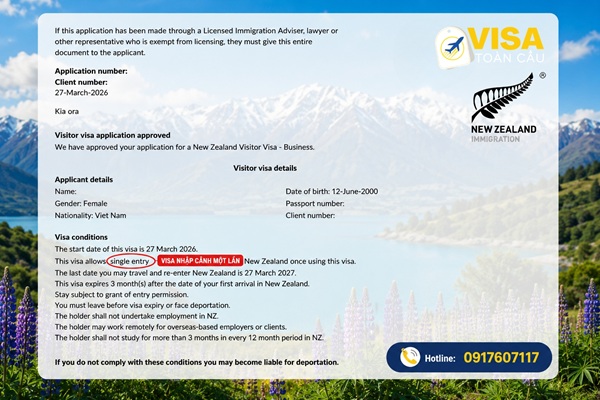 Visa du lịch New Zealand nhập cảnh một lần