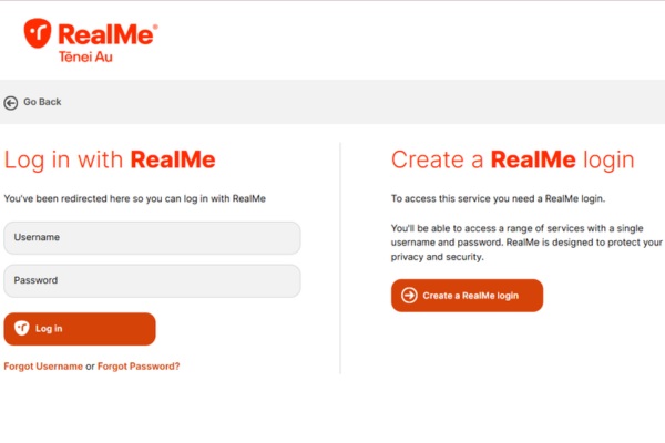 Giao diện tạo tài khoản RealMe xin visa New Zealand