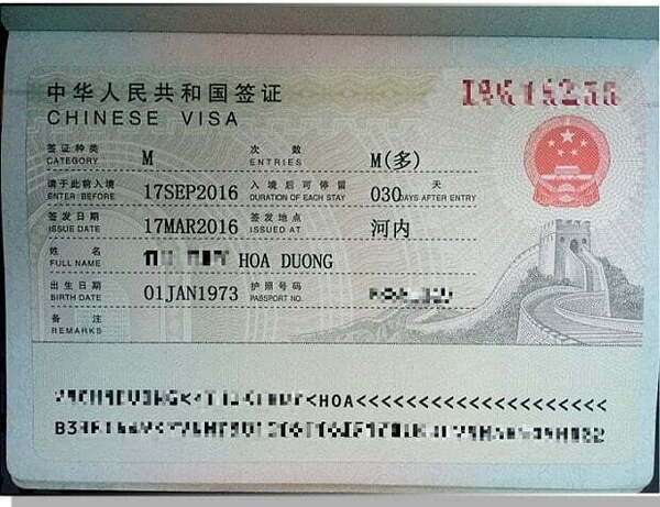 Visa thương mại Trung Quốc M