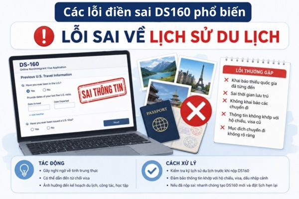 Điền sai ds160 về lỗi sai lịch sử du lịch