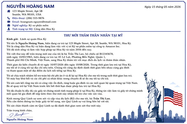 Mẫu thư mời thăm thân nhân ở Mỹ