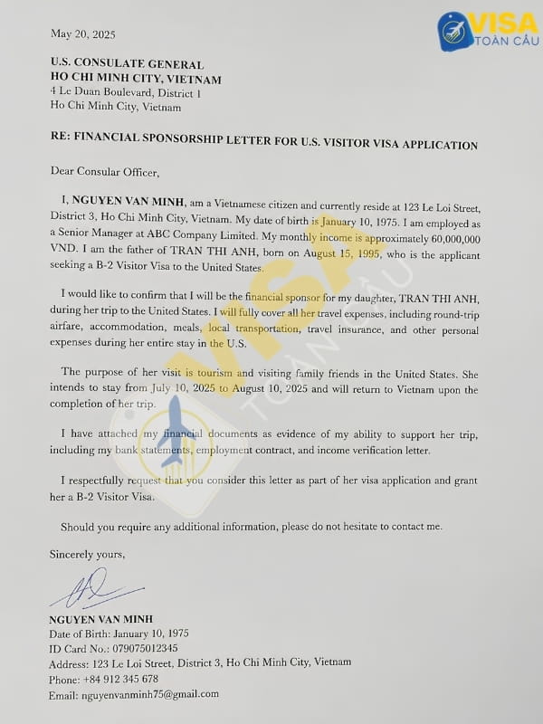 Thư bảo lãnh tài chính visa Mỹ